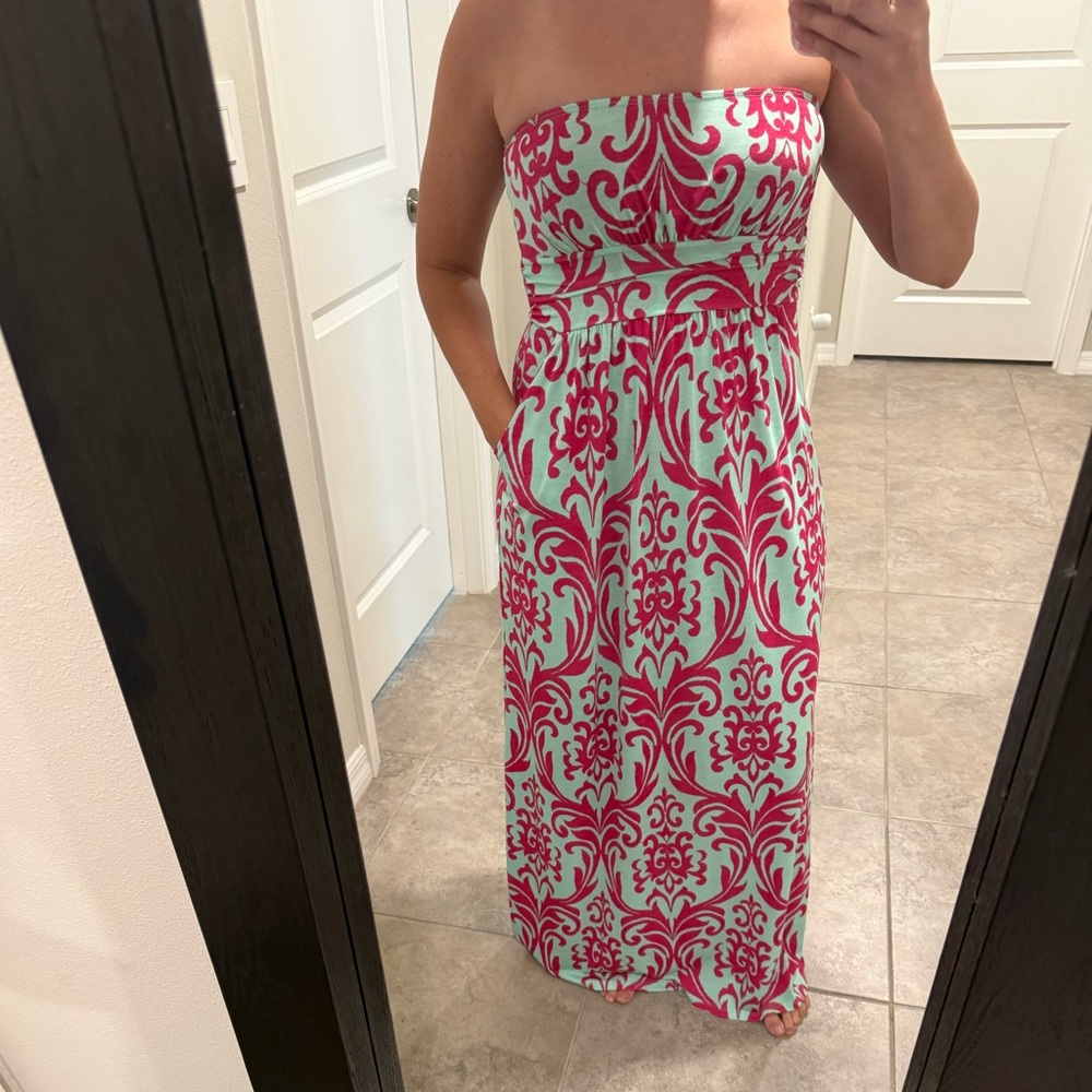 Fuchsia and mint blue Strapless Maxi Dress